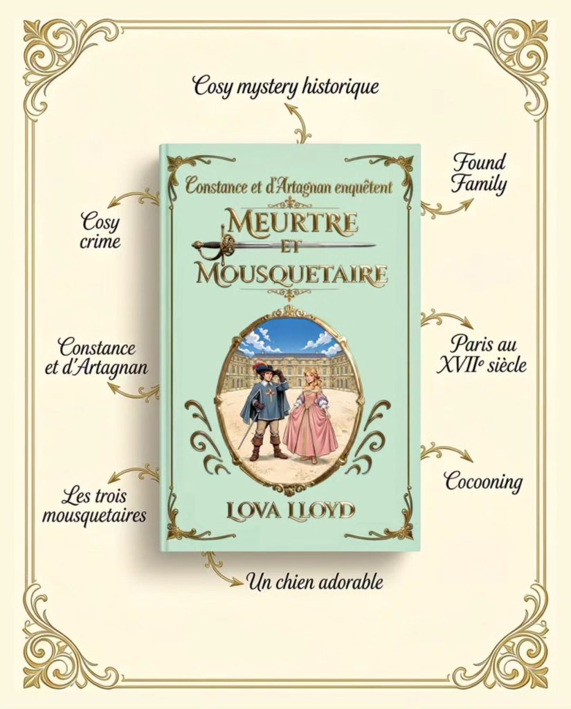 Visuel avec les tropes de Meurtre et mousquetaire dont Cosy mystery historique - Cosy crime - Found family - Constance et d'Artagnan - Paris au XVIIe siècle - Les trois mousquetaires - Cocooning - Un chien adorable
